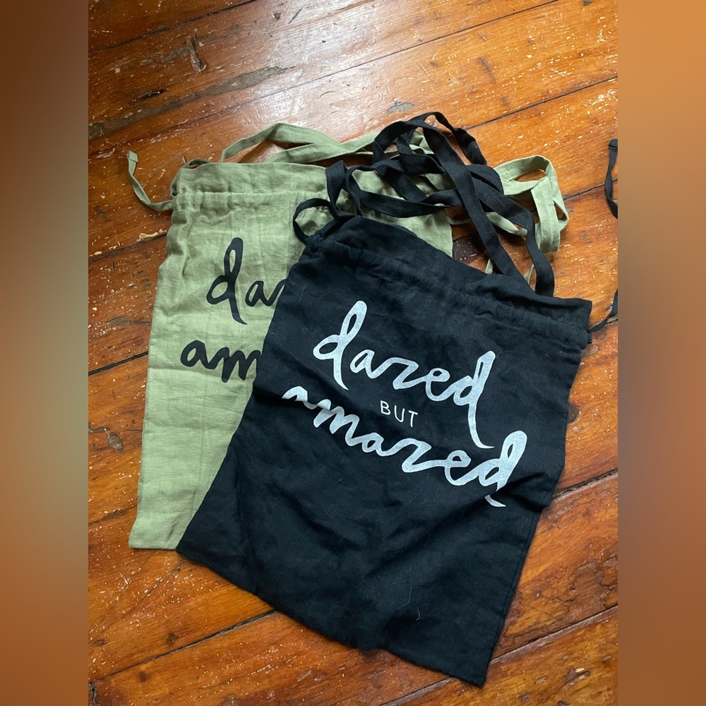 Black and Olive Linen Dust Tote Bags with Text